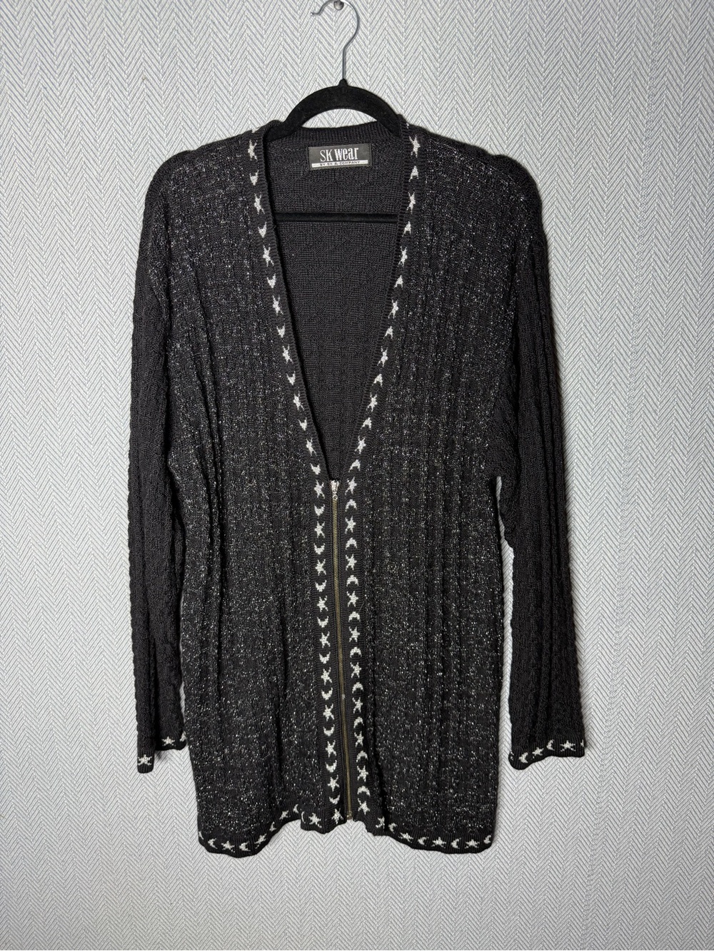 Black Open-Front Cardigan with Contrast Star Trim